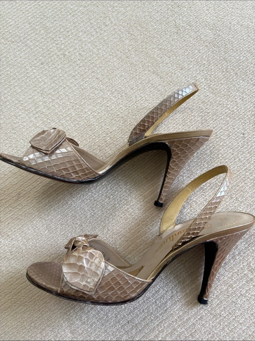 Stuart Weitzman Metallic Taupe Snake-Embossed Slingback Heels